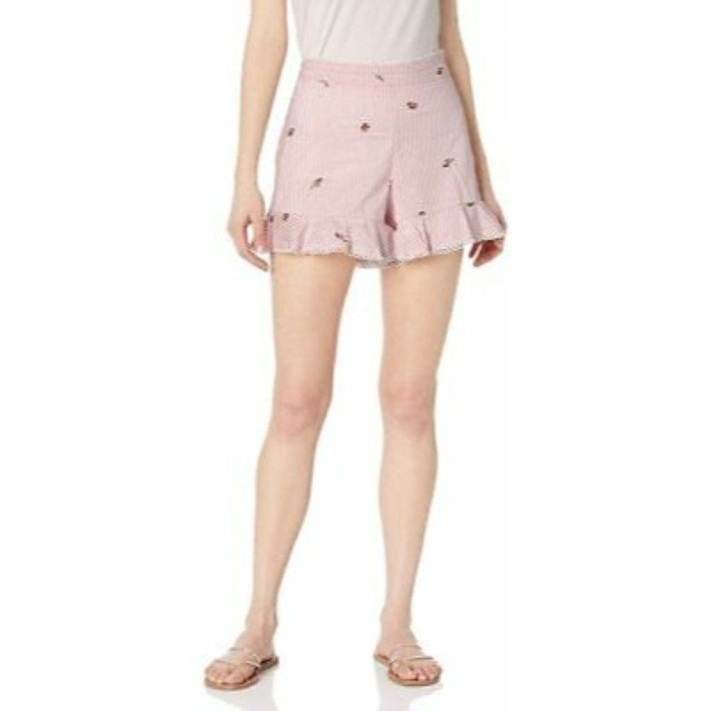 JOA Womens Pink White Floral Striped Ruffle Hem Side Zip Cotton Shorts Size XS